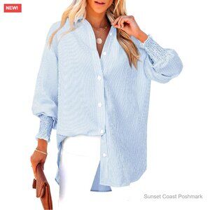 Striped Button Down Shirt Long Sleeve Smocked Cuff Oversized Blouse
